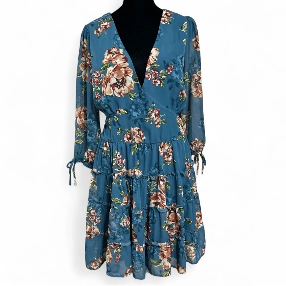 SPEECHLESS Teal Floral 3/4 Sleeve Dress XXL, Tiered Skirt V Neck Tie Waist